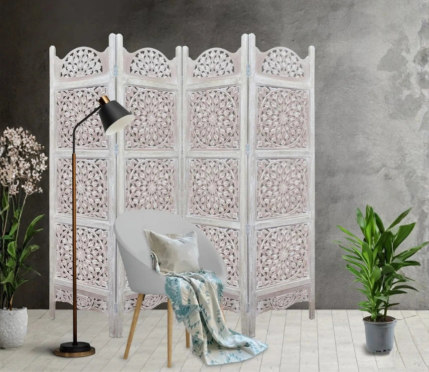 Urbane Crafts Handcrafted Wooden Room Divider & Living Room Partition | 4-Panel Solid Mango Wood & MDF Privacy Screen with Multi-Tier Mandala Sunburst Carvings | Distressed White Wash Finish