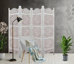Urbane Crafts Handcrafted Wooden Room Divider & Living Room Partition | 4-Panel Solid Mango Wood & MDF Privacy Screen with Multi-Tier Mandala Sunburst Carvings | Distressed White Wash Finish