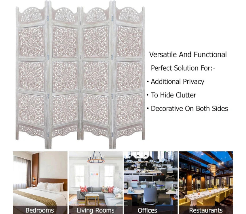 Urbane Crafts Handcrafted Wooden Room Divider & Living Room Partition | 4-Panel Solid Mango Wood & MDF Privacy Screen with Multi-Tier Mandala Sunburst Carvings | Distressed White Wash Finish