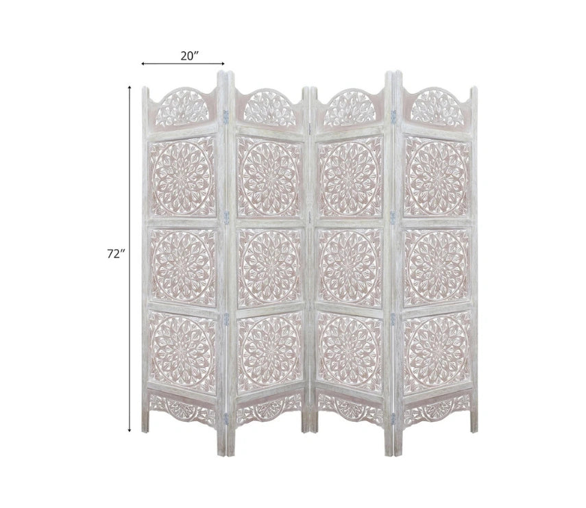 Urbane Crafts Handcrafted Wooden Room Divider & Living Room Partition | 4-Panel Solid Mango Wood & MDF Privacy Screen with Multi-Tier Mandala Sunburst Carvings | Distressed White Wash Finish