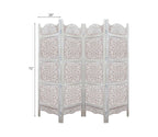 Urbane Crafts Handcrafted Wooden Room Divider & Living Room Partition | 4-Panel Solid Mango Wood & MDF Privacy Screen with Multi-Tier Mandala Sunburst Carvings | Distressed White Wash Finish