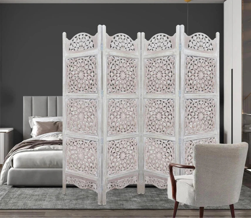 Urbane Crafts Handcrafted Wooden Room Divider & Living Room Partition | 4-Panel Solid Mango Wood & MDF Privacy Screen with Multi-Tier Mandala Sunburst Carvings | Distressed White Wash Finish