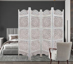 Urbane Crafts Handcrafted Wooden Room Divider & Living Room Partition | 4-Panel Solid Mango Wood & MDF Privacy Screen with Multi-Tier Mandala Sunburst Carvings | Distressed White Wash Finish