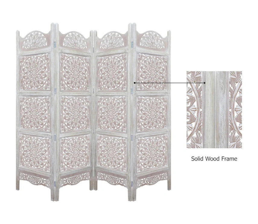 Urbane Crafts Handcrafted Wooden Room Divider & Living Room Partition | 4-Panel Solid Mango Wood & MDF Privacy Screen with Multi-Tier Mandala Sunburst Carvings | Distressed White Wash Finish