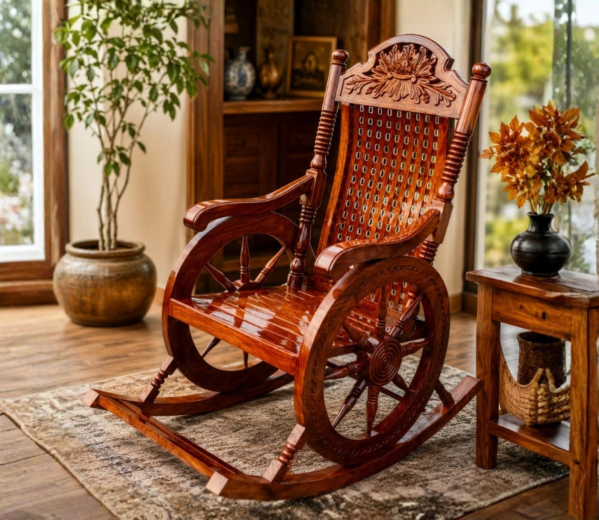 Handcrafted Solid Rosewood Rocking Chair | Traditional Indian Artisan Wooden Rocker | Elegant Living Room & Lounge Chair