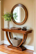 Urbane Crafts Solid Teak Wood Art Deco Console Table – Mid-Century Modern Entryway Table with U-Shaped Sculptural Pedestal Base