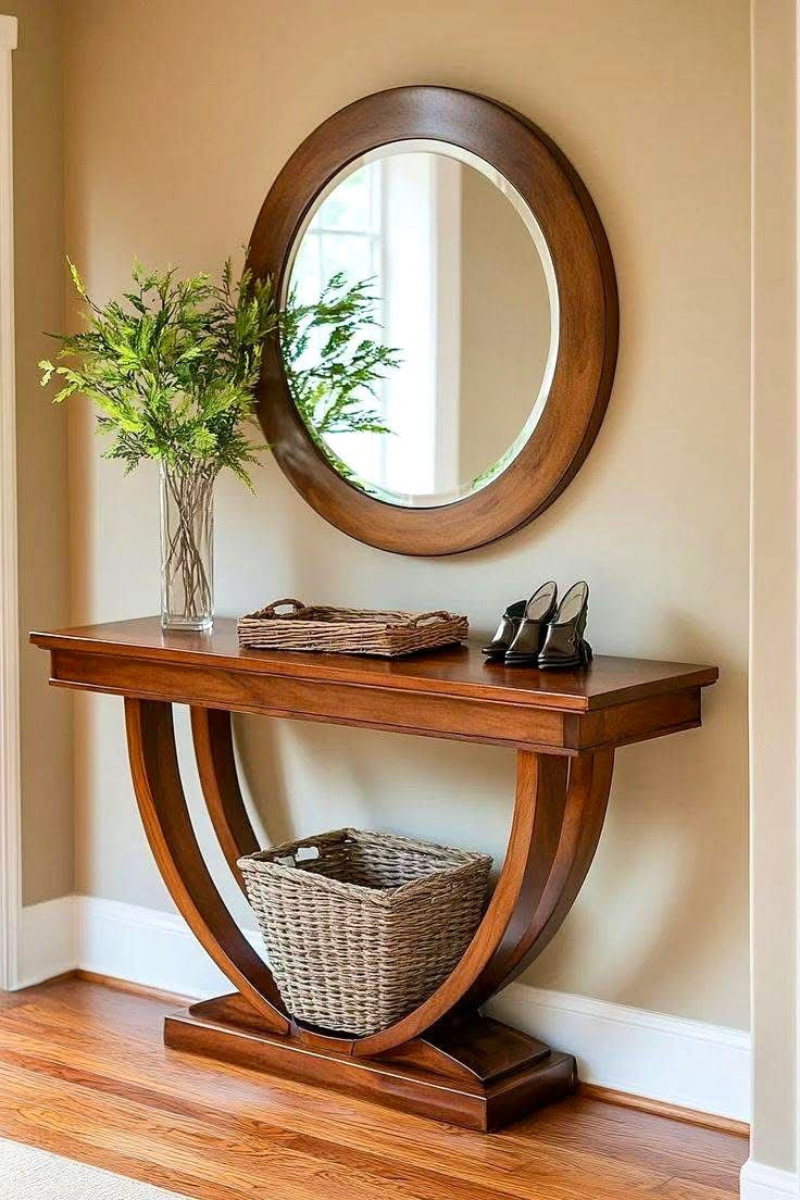 Urbane Crafts Solid Teak Wood Art Deco Console Table – Mid-Century Modern Entryway Table with U-Shaped Sculptural Pedestal Base