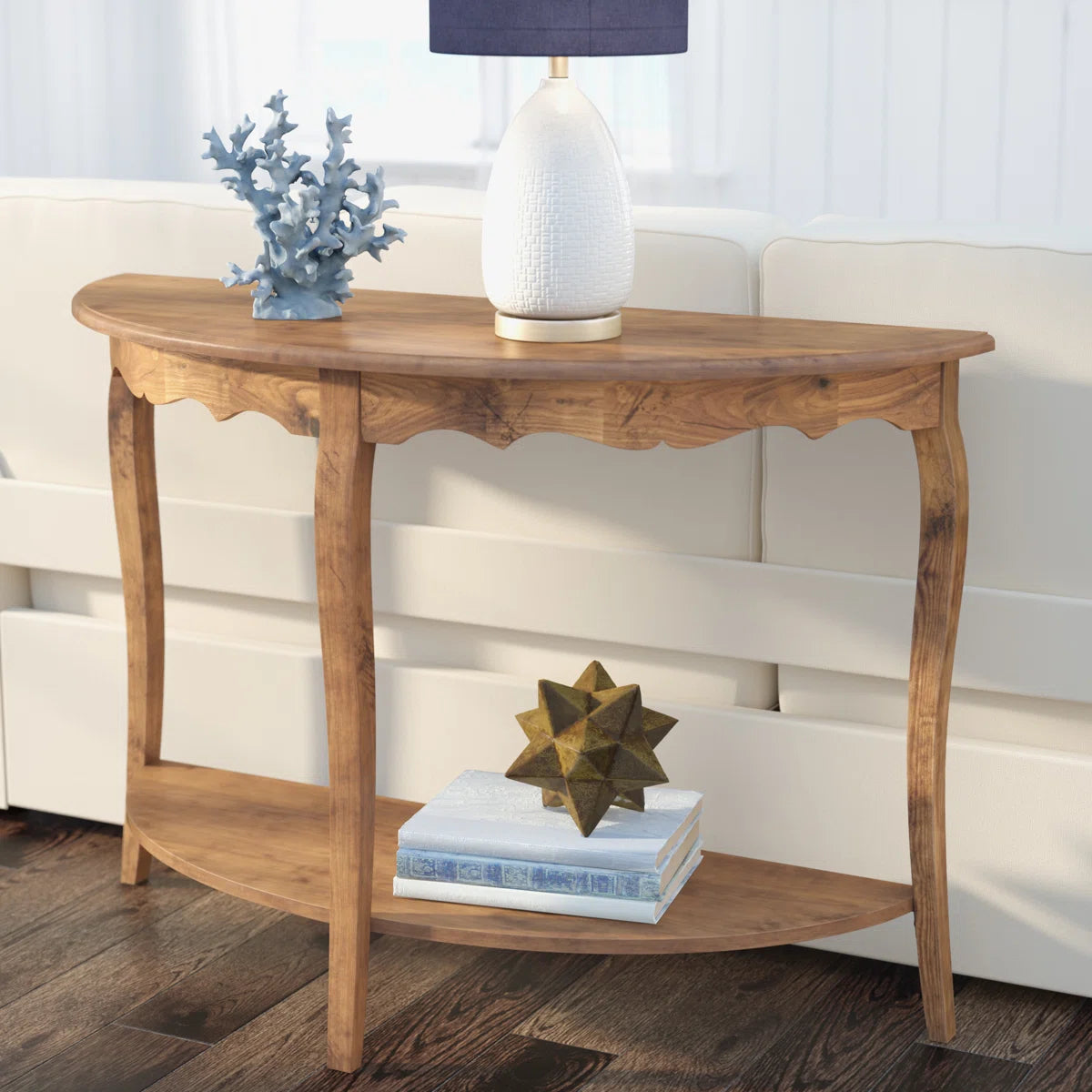 Urbane Crafts Solid Teak Wood Half-Moon Console Table – Vintage Demilune Entryway Table with Scalloped Apron and Storage Shelf