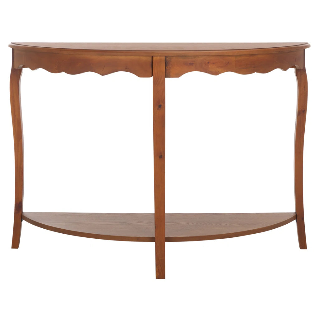 Urbane Crafts Solid Teak Wood Half-Moon Console Table – Vintage Demilune Entryway Table with Scalloped Apron and Storage Shelf