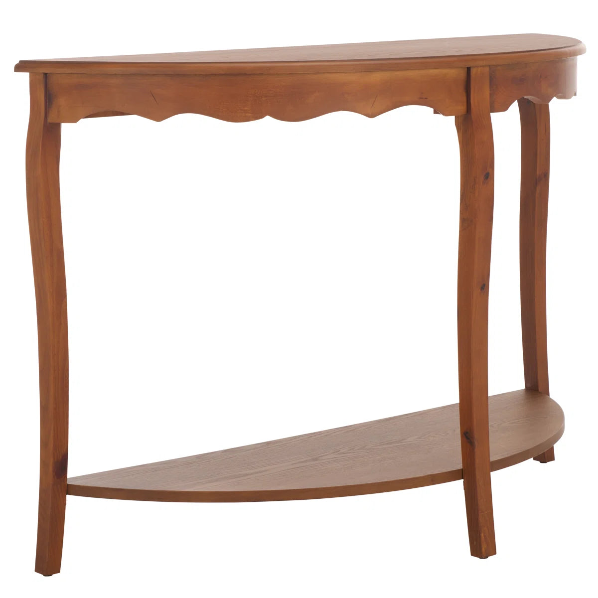 Urbane Crafts Solid Teak Wood Half-Moon Console Table – Vintage Demilune Entryway Table with Scalloped Apron and Storage Shelf