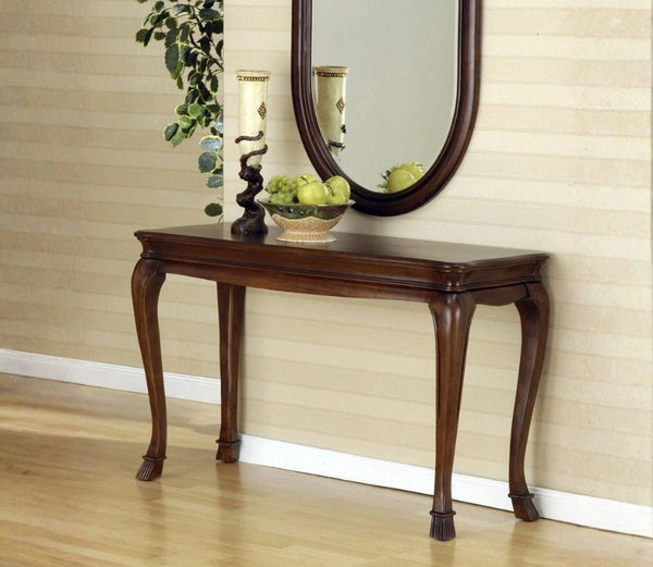Urbane Crafts Solid Teak Wood Classic Entryway Console Table – Traditional Rectangular Sofa Table with Contoured Tabletop and Fluted Cabriole Legs