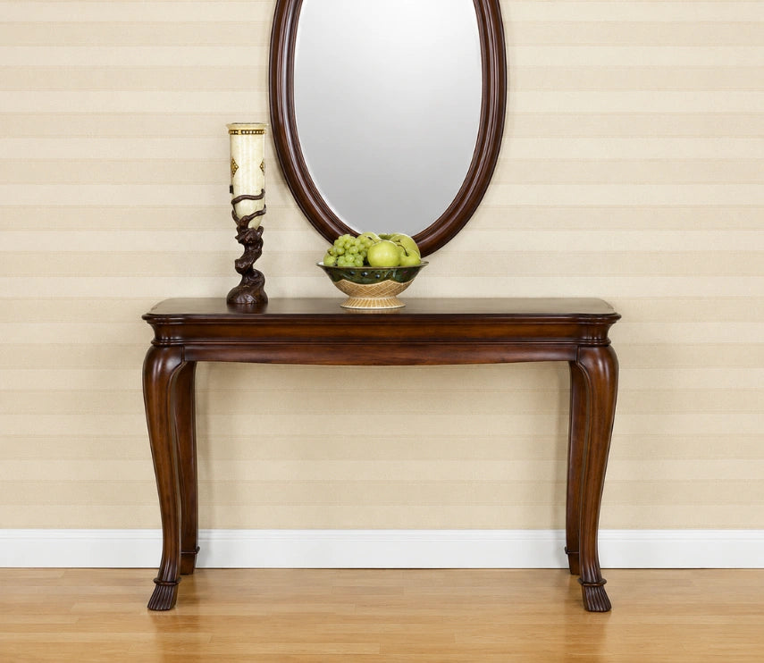 Urbane Crafts Solid Teak Wood Classic Entryway Console Table – Traditional Rectangular Sofa Table with Contoured Tabletop and Fluted Cabriole Legs