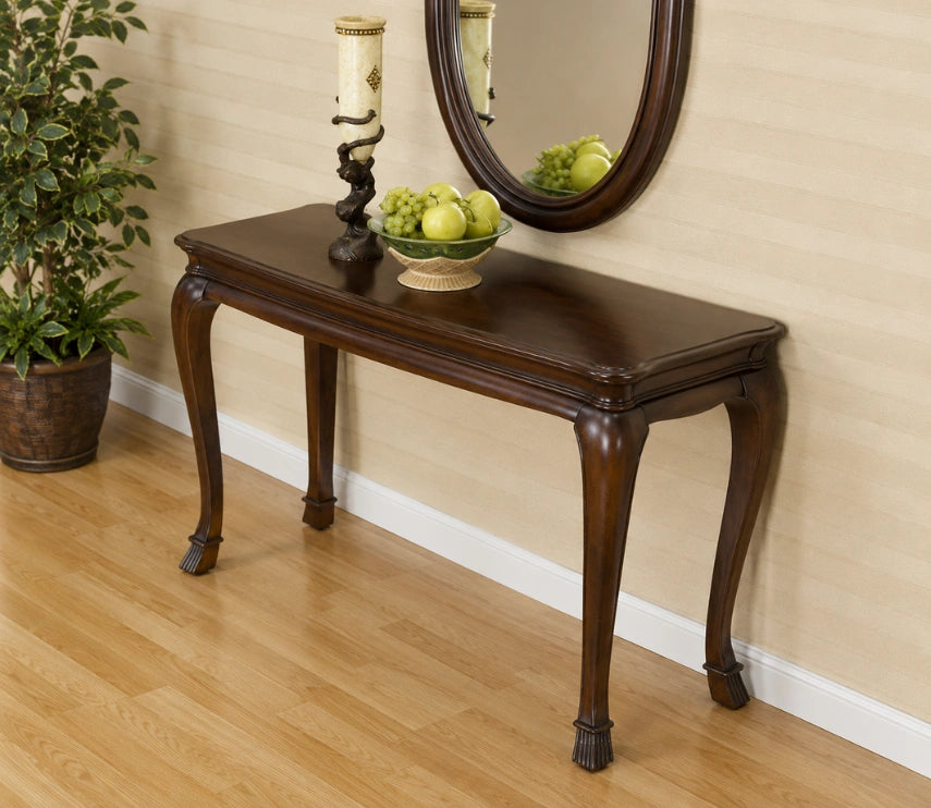 Urbane Crafts Solid Teak Wood Classic Entryway Console Table – Traditional Rectangular Sofa Table with Contoured Tabletop and Fluted Cabriole Legs