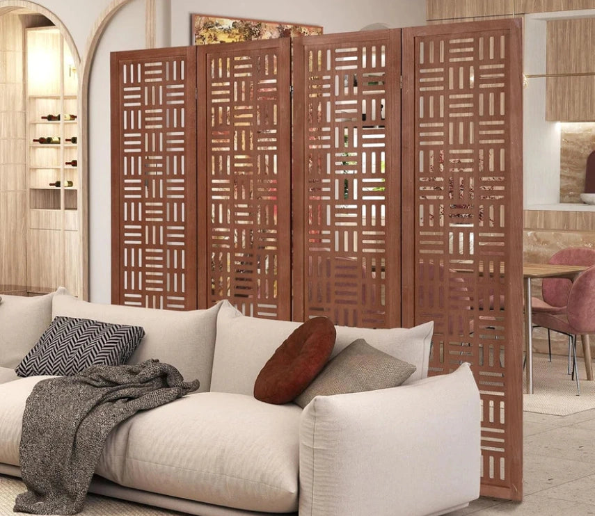 Handcrafted Wooden Room Divider & Extra Wide Living Room Partition | 4-Panel Solid Mango Wood & MDF Privacy Screen with Geometric Basketweave Cutouts | Honey Brown Finish