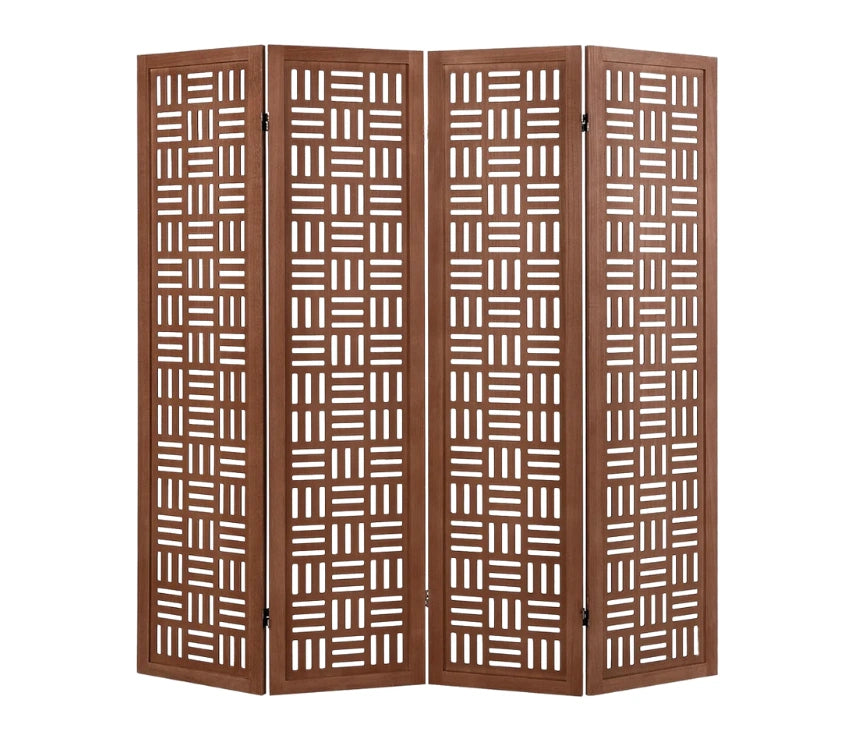 Handcrafted Wooden Room Divider & Extra Wide Living Room Partition | 4-Panel Solid Mango Wood & MDF Privacy Screen with Geometric Basketweave Cutouts | Honey Brown Finish