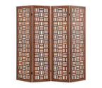 Handcrafted Wooden Room Divider & Extra Wide Living Room Partition | 4-Panel Solid Mango Wood & MDF Privacy Screen with Geometric Basketweave Cutouts | Honey Brown Finish