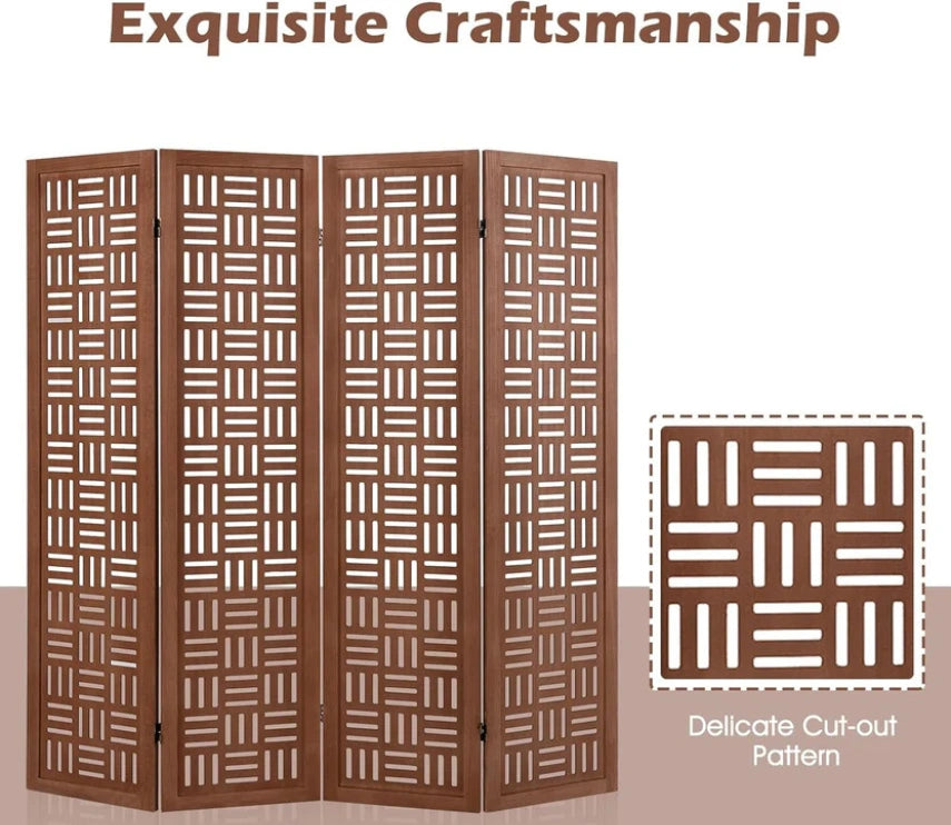 Handcrafted Wooden Room Divider & Extra Wide Living Room Partition | 4-Panel Solid Mango Wood & MDF Privacy Screen with Geometric Basketweave Cutouts | Honey Brown Finish