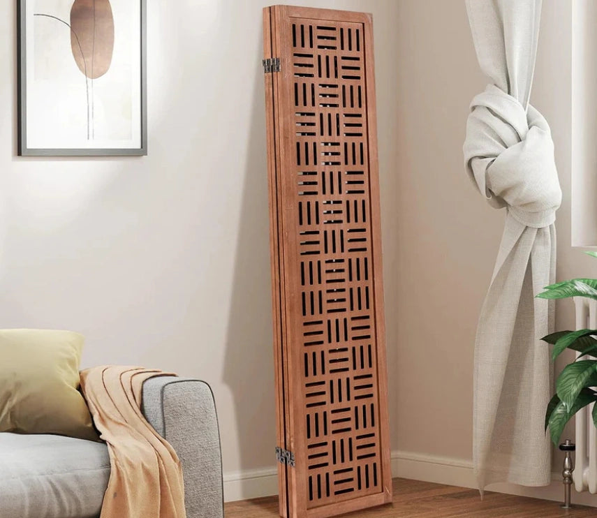 Handcrafted Wooden Room Divider & Extra Wide Living Room Partition | 4-Panel Solid Mango Wood & MDF Privacy Screen with Geometric Basketweave Cutouts | Honey Brown Finish