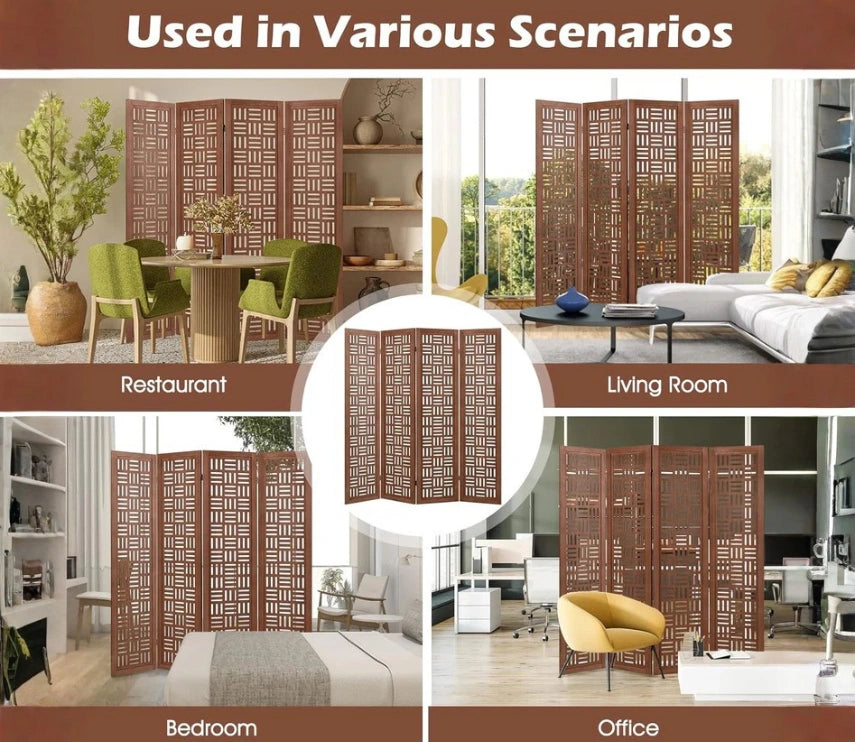 Handcrafted Wooden Room Divider & Extra Wide Living Room Partition | 4-Panel Solid Mango Wood & MDF Privacy Screen with Geometric Basketweave Cutouts | Honey Brown Finish