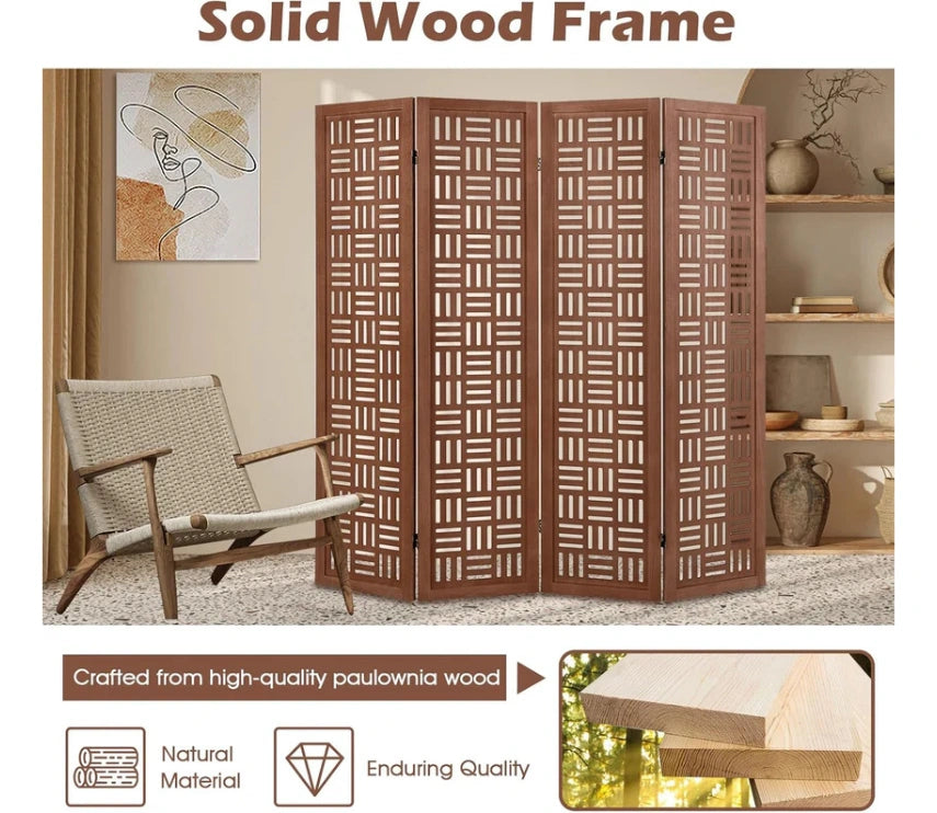 Handcrafted Wooden Room Divider & Extra Wide Living Room Partition | 4-Panel Solid Mango Wood & MDF Privacy Screen with Geometric Basketweave Cutouts | Honey Brown Finish
