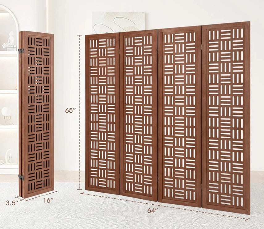 Handcrafted Wooden Room Divider & Extra Wide Living Room Partition | 4-Panel Solid Mango Wood & MDF Privacy Screen with Geometric Basketweave Cutouts | Honey Brown Finish