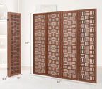 Handcrafted Wooden Room Divider & Extra Wide Living Room Partition | 4-Panel Solid Mango Wood & MDF Privacy Screen with Geometric Basketweave Cutouts | Honey Brown Finish