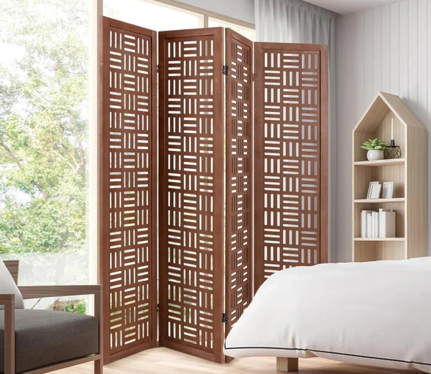 Handcrafted Wooden Room Divider & Extra Wide Living Room Partition | 4-Panel Solid Mango Wood & MDF Privacy Screen with Geometric Basketweave Cutouts | Honey Brown Finish
