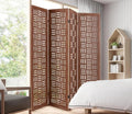 Handcrafted Wooden Room Divider & Extra Wide Living Room Partition | 4-Panel Solid Mango Wood & MDF Privacy Screen with Geometric Basketweave Cutouts | Honey Brown Finish