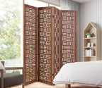 Handcrafted Wooden Room Divider & Extra Wide Living Room Partition | 4-Panel Solid Mango Wood & MDF Privacy Screen with Geometric Basketweave Cutouts | Honey Brown Finish