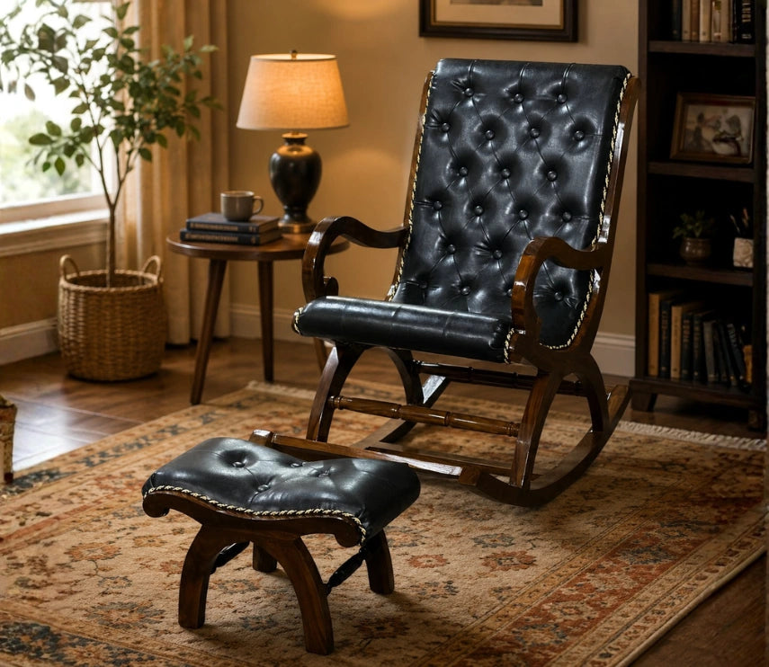 Urbane Crafts Luxury Solid Rosewood Tufted Rocking Chair with Footrest | Handcrafted Cushioned Wooden Rocker
