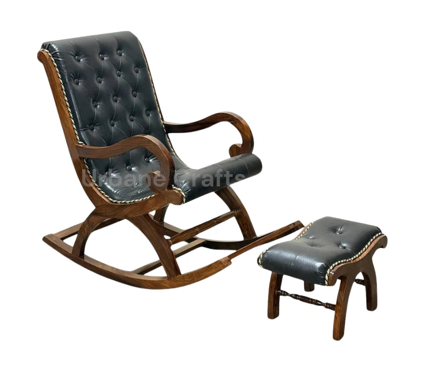 Urbane Crafts Luxury Solid Rosewood Tufted Rocking Chair with Footrest | Handcrafted Cushioned Wooden Rocker