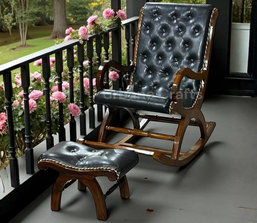 Urbane Crafts Luxury Solid Rosewood Tufted Rocking Chair with Footrest | Handcrafted Cushioned Wooden Rocker