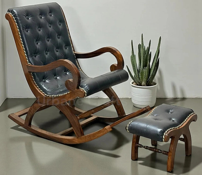 Urbane Crafts Luxury Solid Rosewood Tufted Rocking Chair with Footrest | Handcrafted Cushioned Wooden Rocker