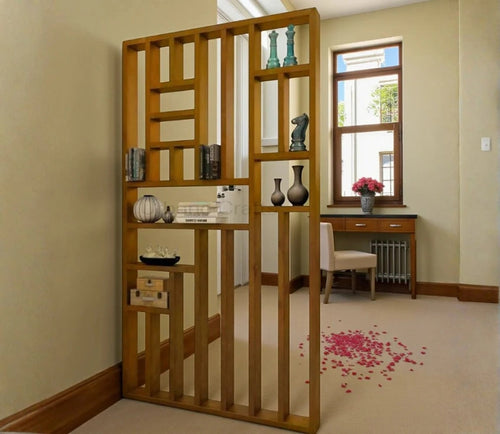 Handcrafted Solid Mango Wood Room Divider & Multi-Tier Display Bookshelf