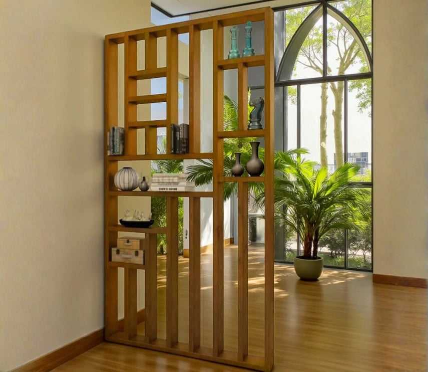 Handcrafted Solid Mango Wood Room Divider & Multi-Tier Display Bookshelf