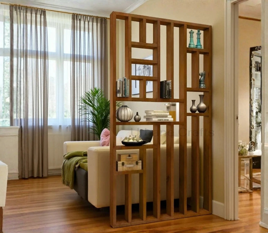 Handcrafted Solid Mango Wood Room Divider & Multi-Tier Display Bookshelf