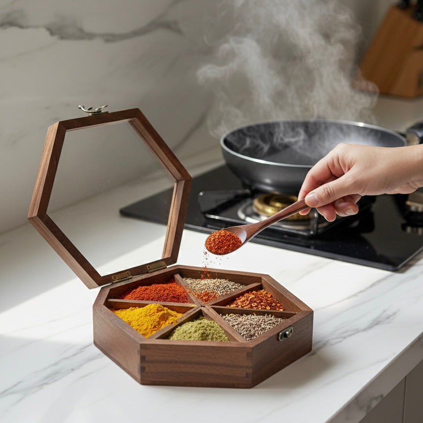Handcrafted Rosewood Hexagonal Spice Box with Glass Lid & Spoon | 9x8 Inch Geometric Masala Dabba with 6 Removable Compartments | Multi-Purpose Dry Fruit & Kitchen Storage Organizer
