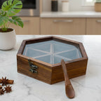 Handcrafted Rosewood Hexagonal Spice Box with Glass Lid & Spoon | 9x8 Inch Geometric Masala Dabba with 6 Removable Compartments | Multi-Purpose Dry Fruit & Kitchen Storage Organizer