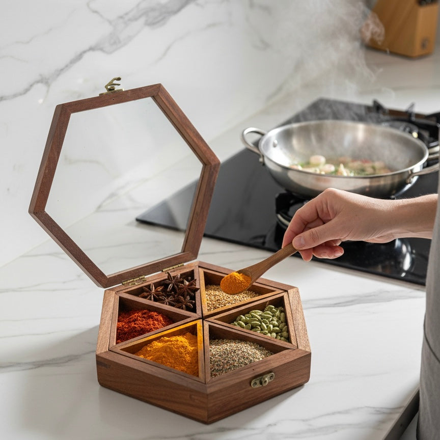 Handcrafted Rosewood Hexagonal Spice Box with Glass Lid & Spoon | 9x8 Inch Geometric Masala Dabba with 6 Removable Compartments | Multi-Purpose Dry Fruit & Kitchen Storage Organizer