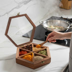 Handcrafted Rosewood Hexagonal Spice Box with Glass Lid & Spoon | 9x8 Inch Geometric Masala Dabba with 6 Removable Compartments | Multi-Purpose Dry Fruit & Kitchen Storage Organizer