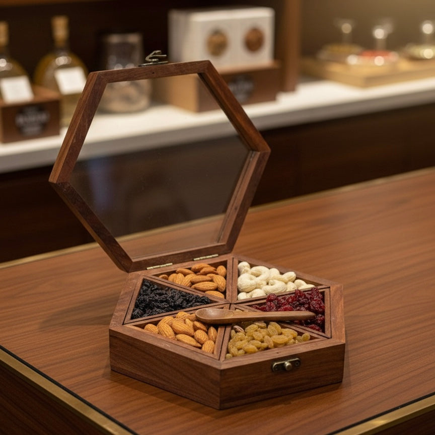 Handcrafted Rosewood Hexagonal Spice Box with Glass Lid & Spoon | 9x8 Inch Geometric Masala Dabba with 6 Removable Compartments | Multi-Purpose Dry Fruit & Kitchen Storage Organizer