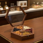 Handcrafted Rosewood Hexagonal Spice Box with Glass Lid & Spoon | 9x8 Inch Geometric Masala Dabba with 6 Removable Compartments | Multi-Purpose Dry Fruit & Kitchen Storage Organizer