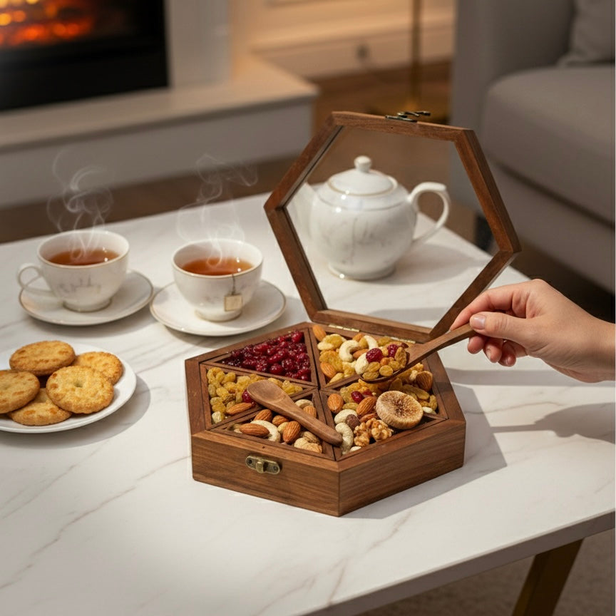 Handcrafted Rosewood Hexagonal Spice Box with Glass Lid & Spoon | 9x8 Inch Geometric Masala Dabba with 6 Removable Compartments | Multi-Purpose Dry Fruit & Kitchen Storage Organizer
