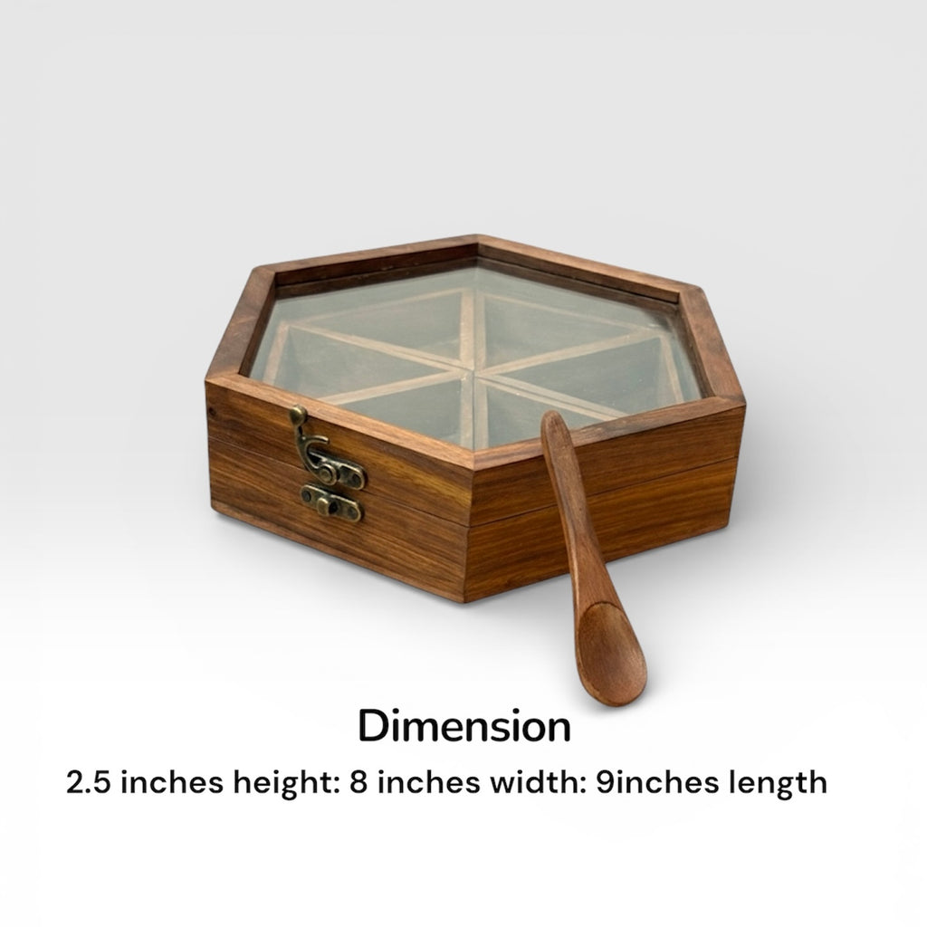 Handcrafted Rosewood Hexagonal Spice Box with Glass Lid & Spoon | 9x8 Inch Geometric Masala Dabba with 6 Removable Compartments | Multi-Purpose Dry Fruit & Kitchen Storage Organizer