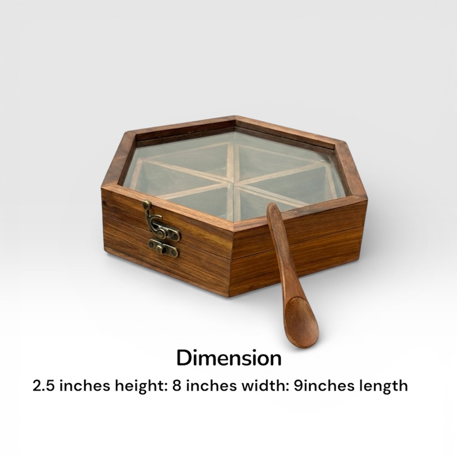 Handcrafted Rosewood Hexagonal Spice Box with Glass Lid & Spoon | 9x8 Inch Geometric Masala Dabba with 6 Removable Compartments | Multi-Purpose Dry Fruit & Kitchen Storage Organizer