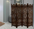Urbane Crafts Handcrafted Wooden Room Divider & Living Room Partition | 4-Panel Solid Mango Wood & MDF Privacy Screen with Intricate Floral Vine Carvings | Classic Antique Walnut Finish