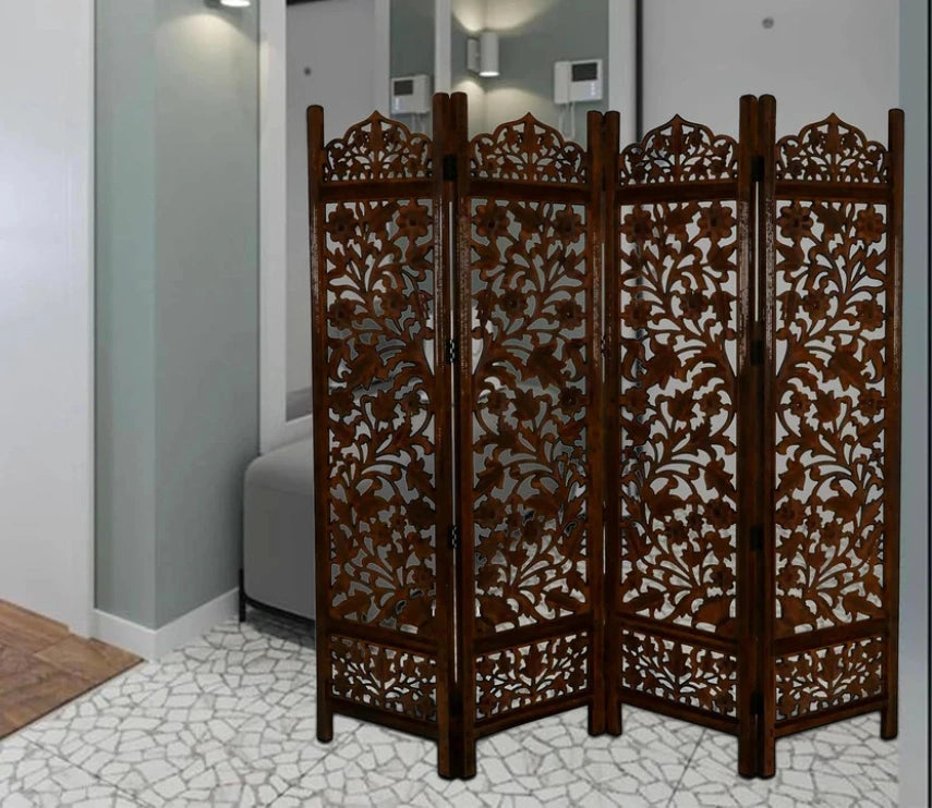 Urbane Crafts Handcrafted Wooden Room Divider & Living Room Partition | 4-Panel Solid Mango Wood & MDF Privacy Screen with Intricate Floral Vine Carvings | Classic Antique Walnut Finish