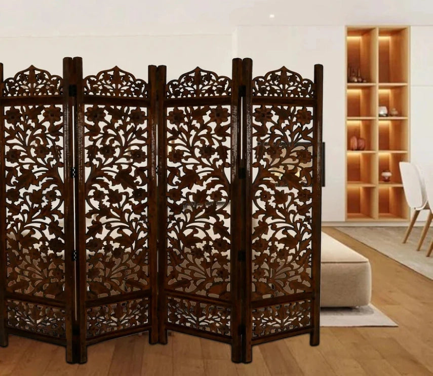 Urbane Crafts Handcrafted Wooden Room Divider & Living Room Partition | 4-Panel Solid Mango Wood & MDF Privacy Screen with Intricate Floral Vine Carvings | Classic Antique Walnut Finish
