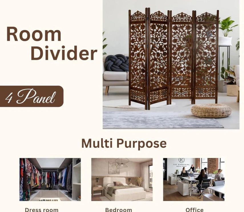 Urbane Crafts Handcrafted Wooden Room Divider & Living Room Partition | 4-Panel Solid Mango Wood & MDF Privacy Screen with Intricate Floral Vine Carvings | Classic Antique Walnut Finish