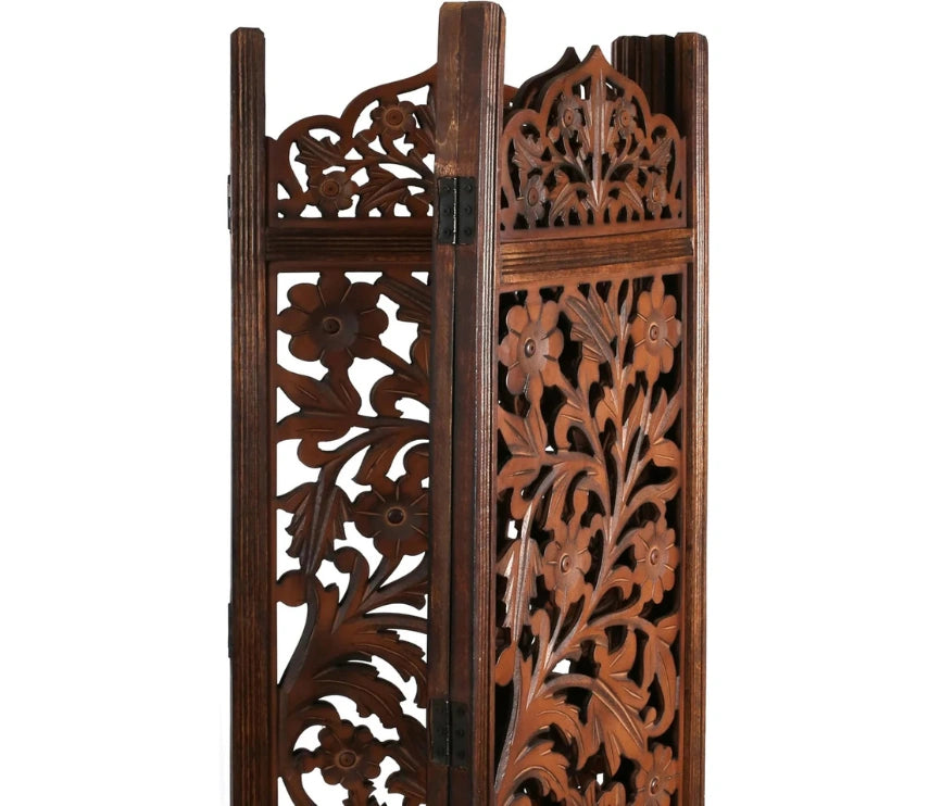 Urbane Crafts Handcrafted Wooden Room Divider & Living Room Partition | 4-Panel Solid Mango Wood & MDF Privacy Screen with Intricate Floral Vine Carvings | Classic Antique Walnut Finish
